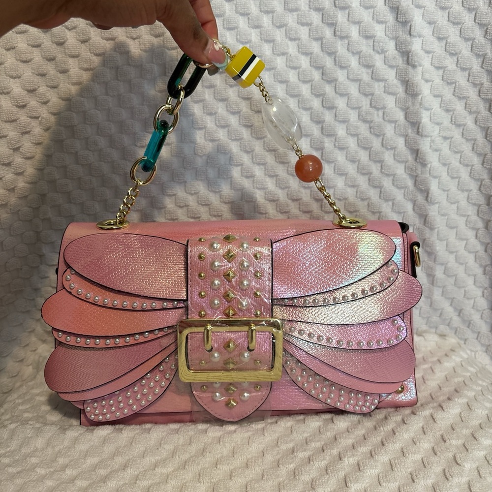 SHEIN Pink Studded Clutch with Gold Accents